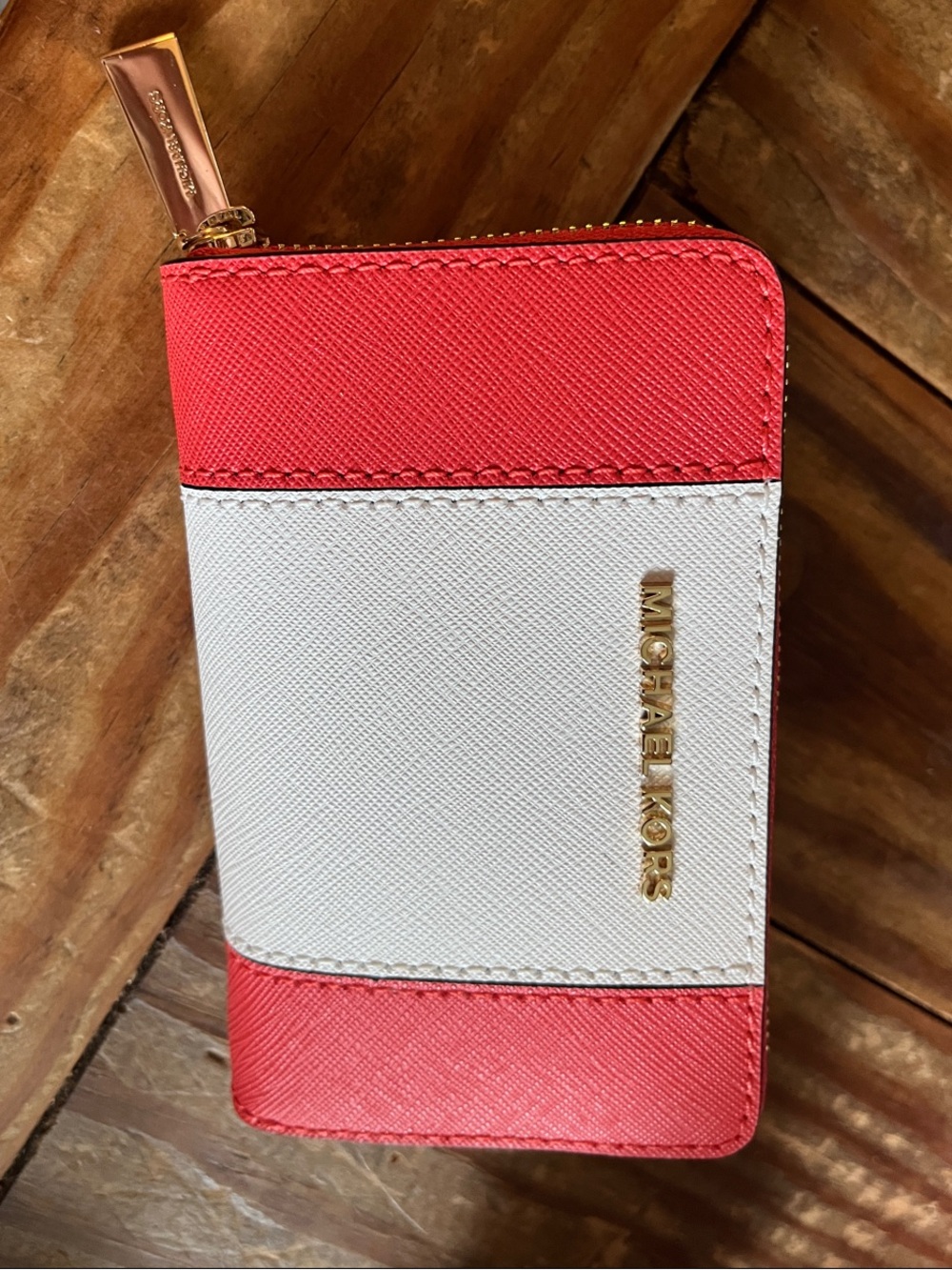 Michael Kors Colorblock Zip Card Case Wallet - Coral & White